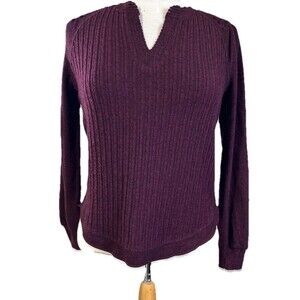 Democracy Women V-Neck Burgundy Sweater Petite Small Spice Ribbed Soft